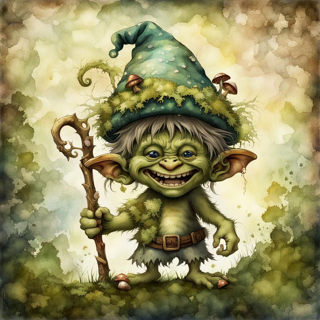Joyful Chibi Troll with Elf Hat in Watercolor