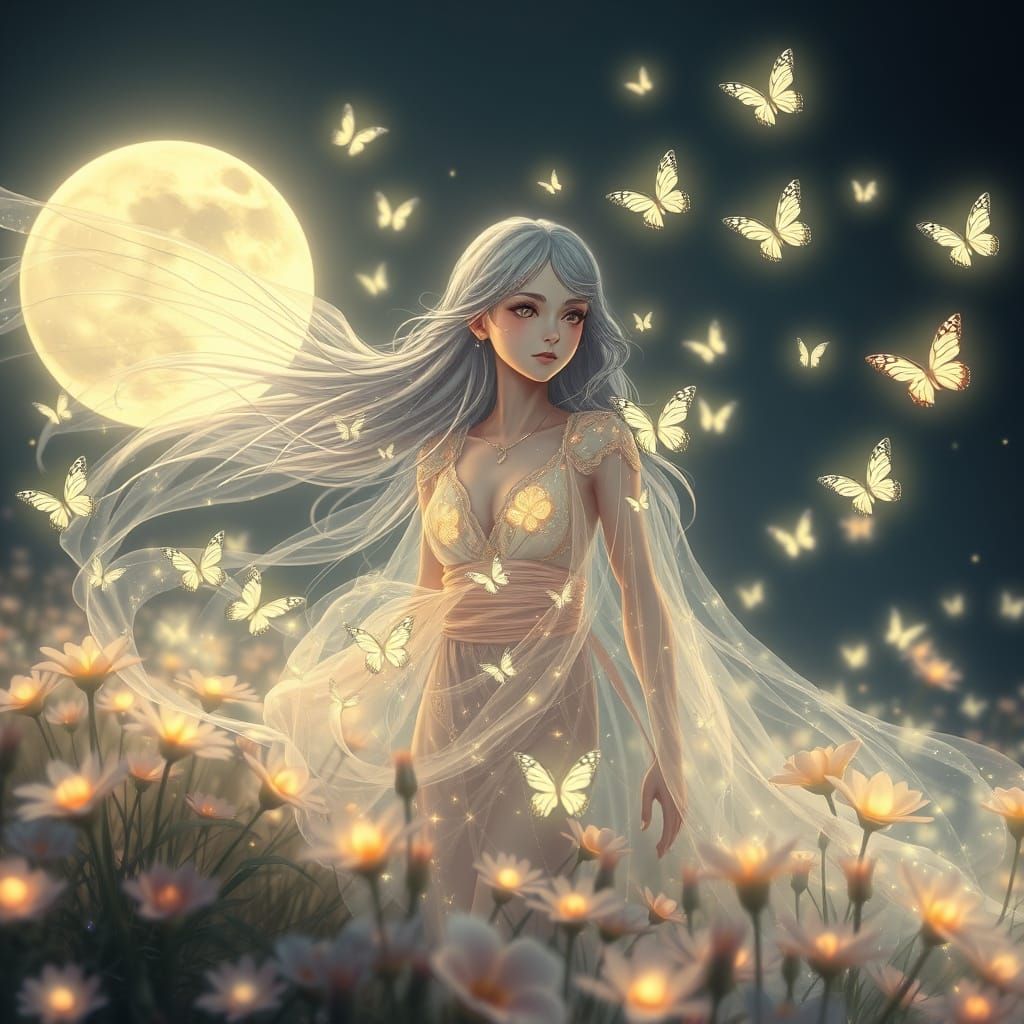 Anime Spirit Drifting Through Bioluminescent Flowers
