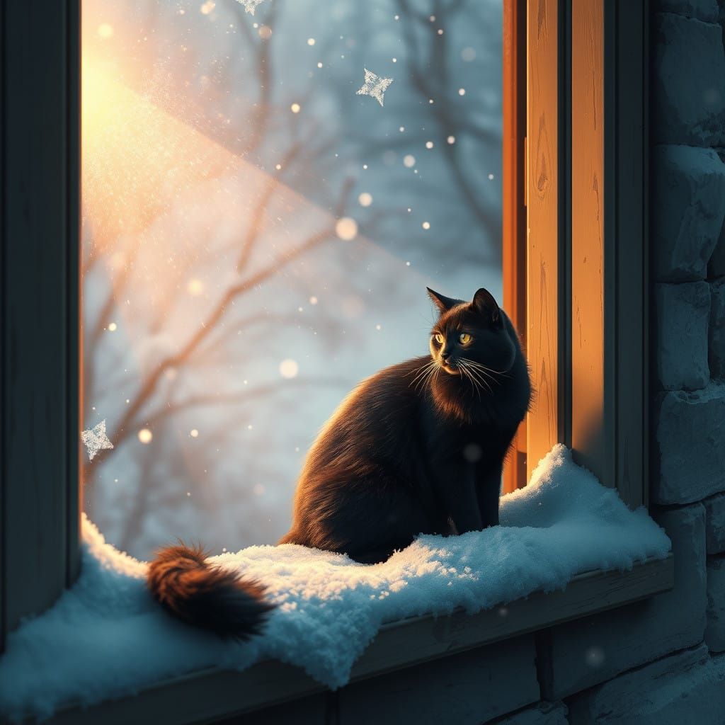 Fascinating Black Cat Watches Winter Birds in Fanciful Dream...