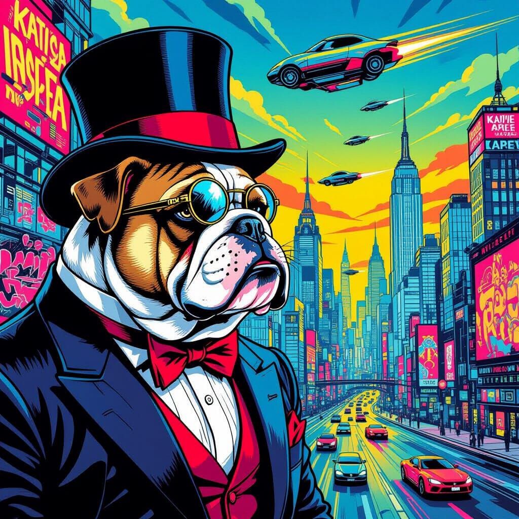 Bulldog in Suit Gazing at Futuristic City, Pop Art Style