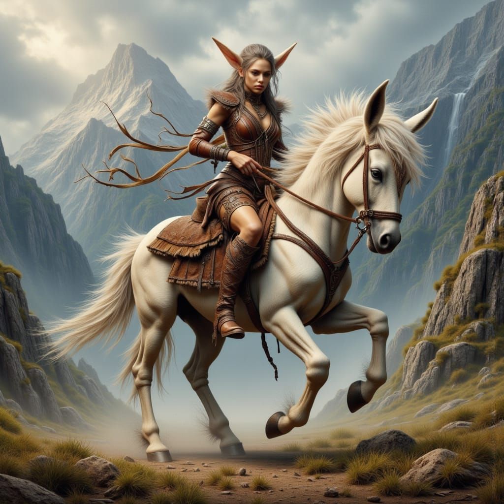 Elf on Mule in Windy Landscape, Oil Painting