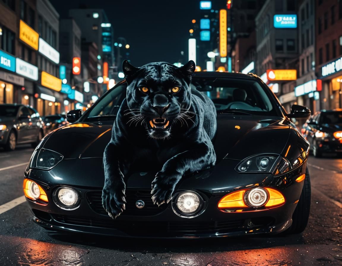 Black Jaguar Cat on Car Hood in Neon City