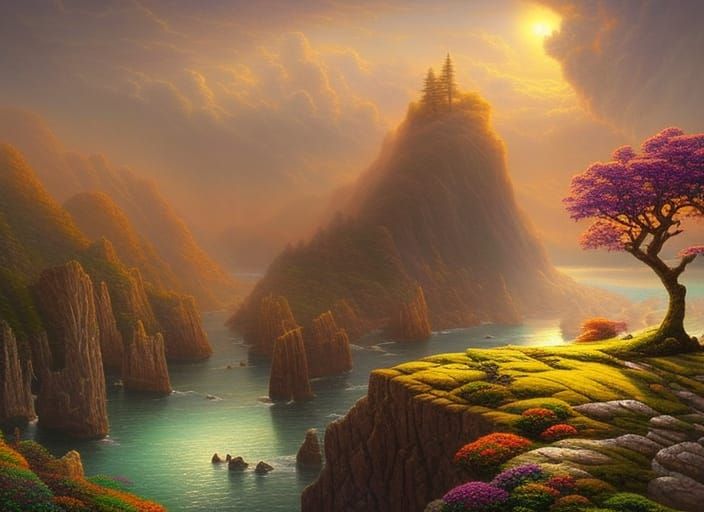 Glowing Tree on Cliff at Night: Digital Matte Painting