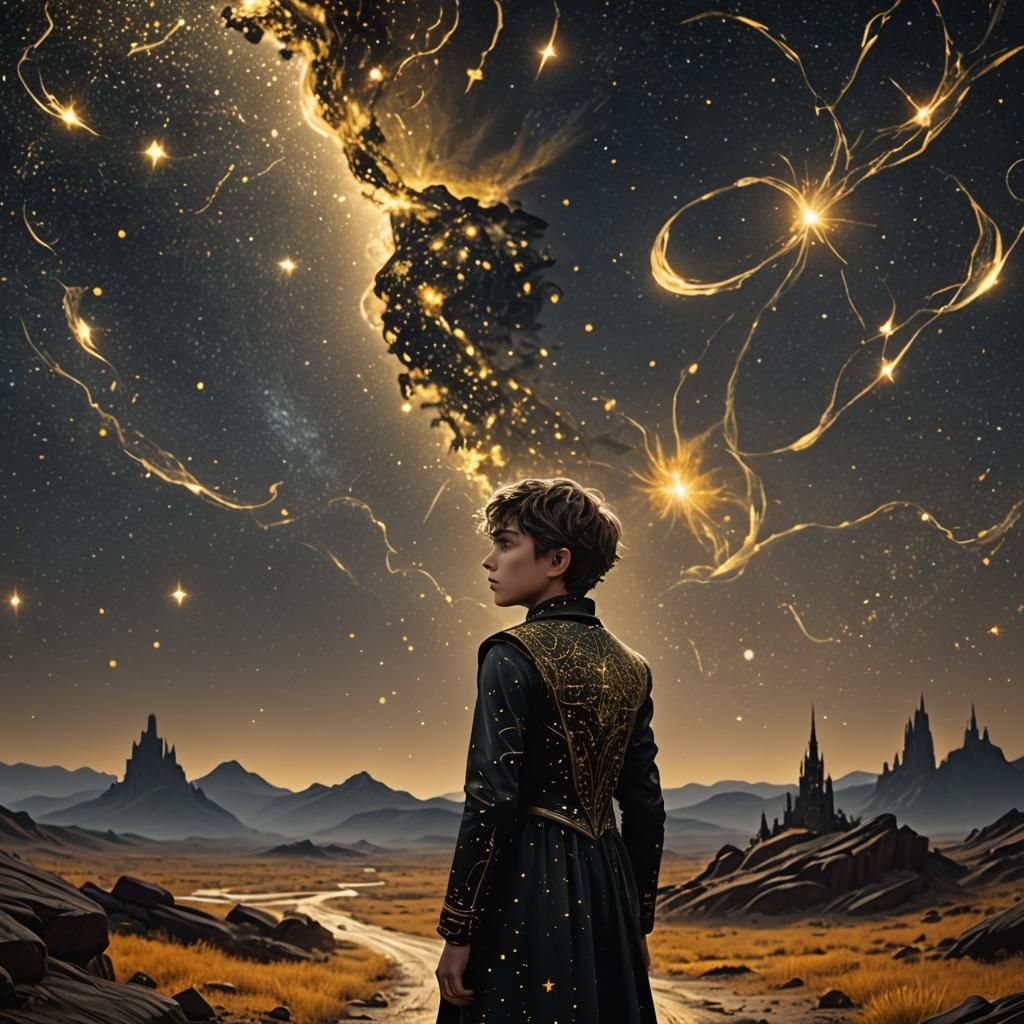 Surreal Boy in Golden Dress Under Starry Night