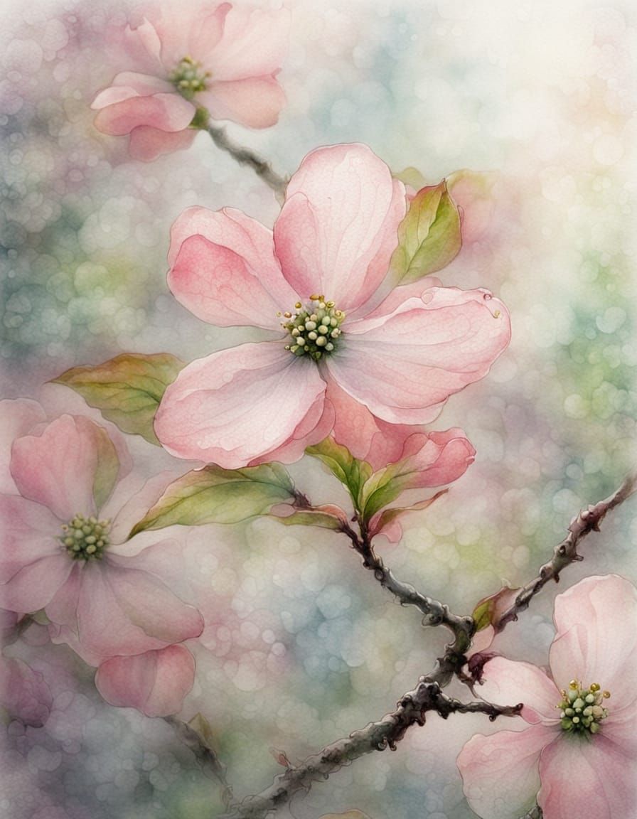 Ethereal Pink Dogwood Blossom in Watercolour and Ink