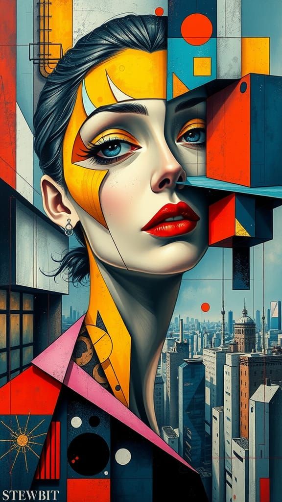 Fragmented Woman in Vibrant Cubist Style