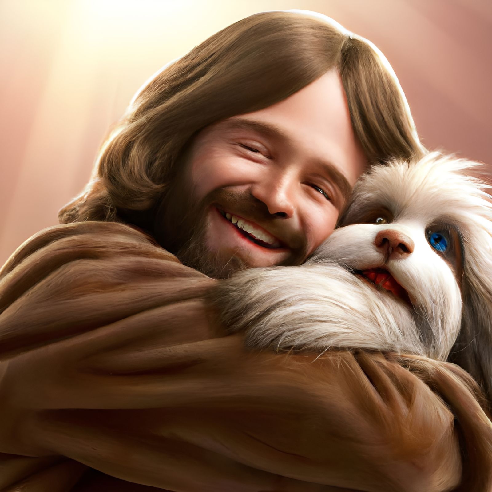 Jesus Hugs Lhasa Apso in James Christensen Style