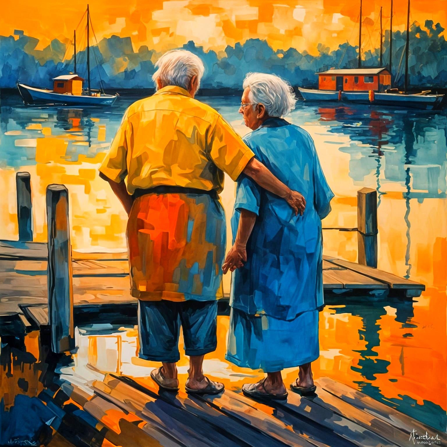 Elderly Couple at Sunset Abstract Art