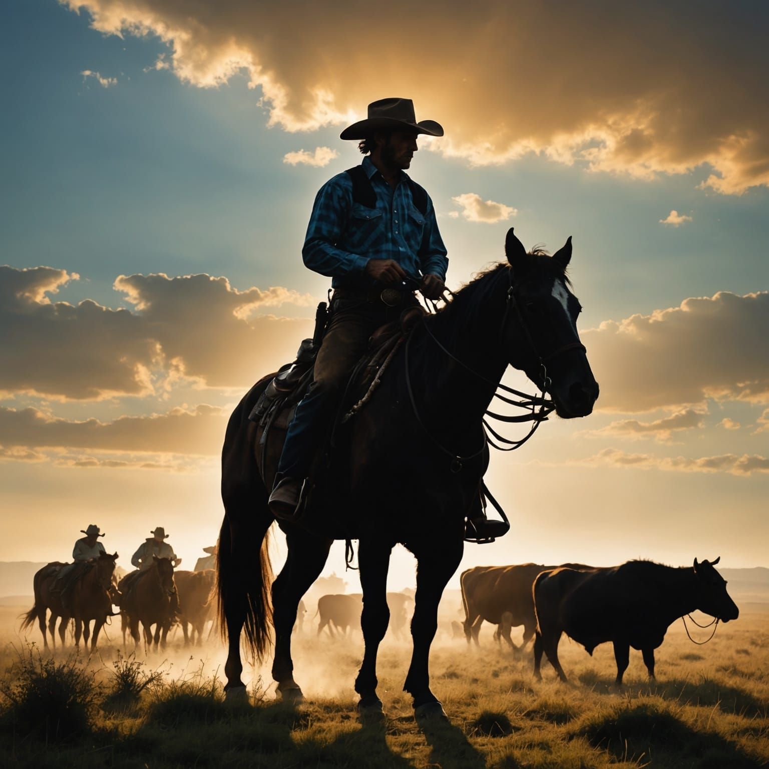 Cowboy Silhouette Double Exposure with Prairie Scene