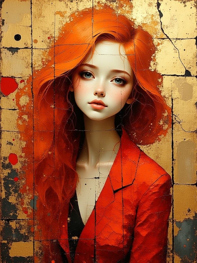 Elegant Oil Painting of a Red Haired Woman in Gold and Red A...