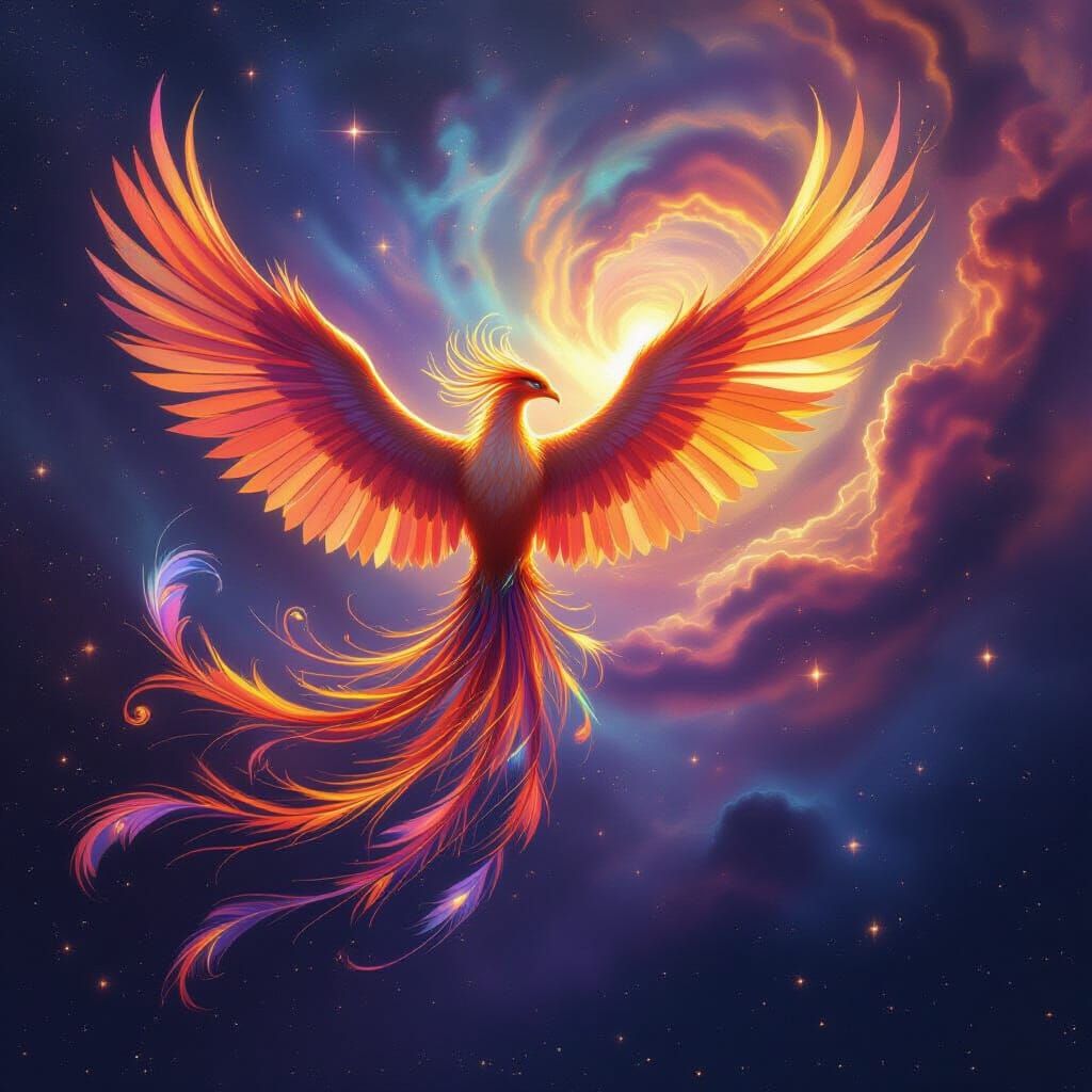 Majestic Phoenix Soars Through Cosmic Nebula in Digital Pain...