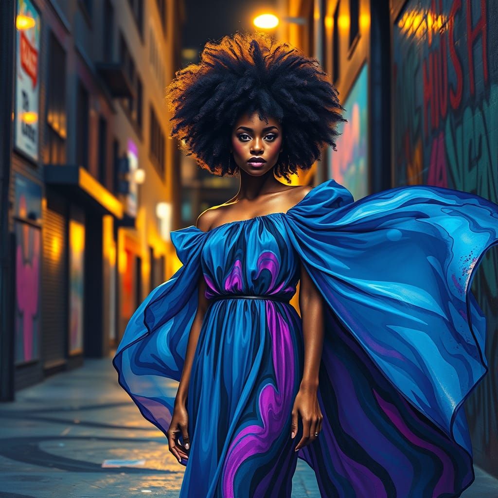 Woman in Blue and Purple Dress in Night Alley
