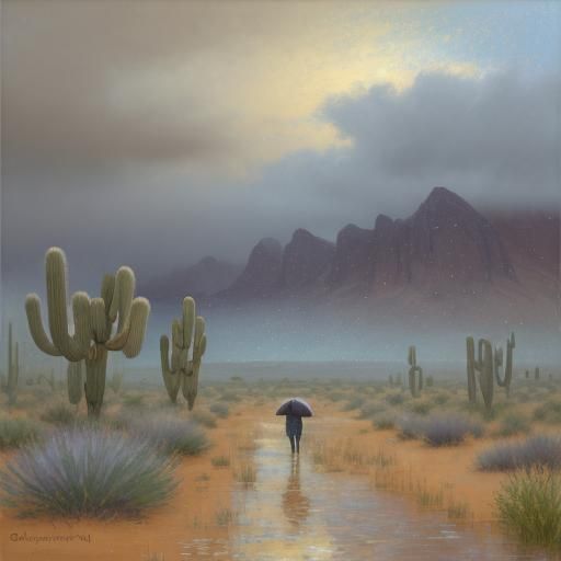 Desert Path in Rain: Impressionist Oil Painting