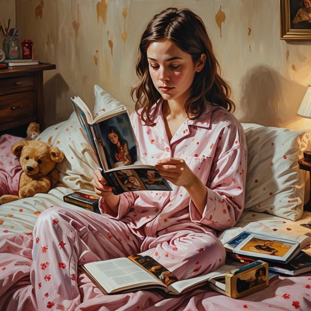 Girl Holding Placenta at Sleepover, Oil Painting
