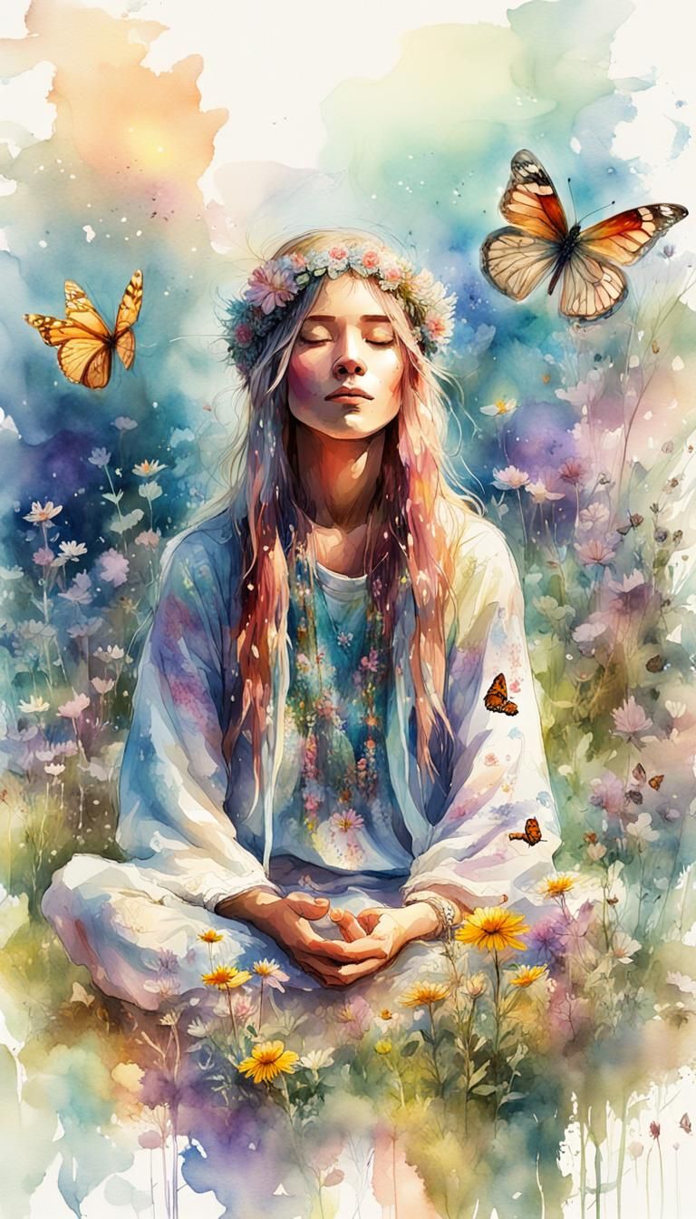 Hippie Meditation at Summer Sunrise, Watercolor Art