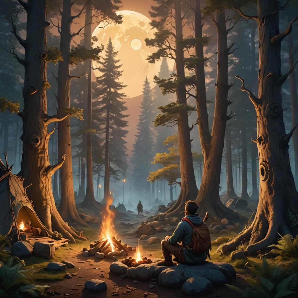 Fantasy Adventurer's Camp in Ancient Forest at Moonrise