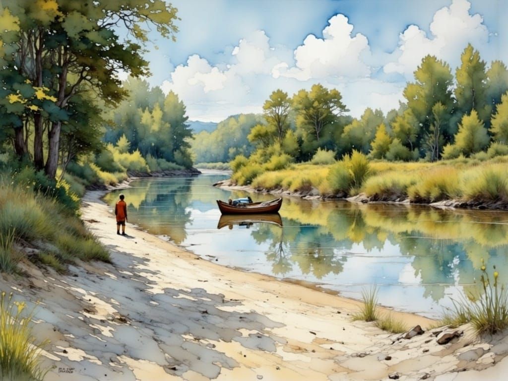 Fishermen on River Beach in Dreamy Watercolor Style