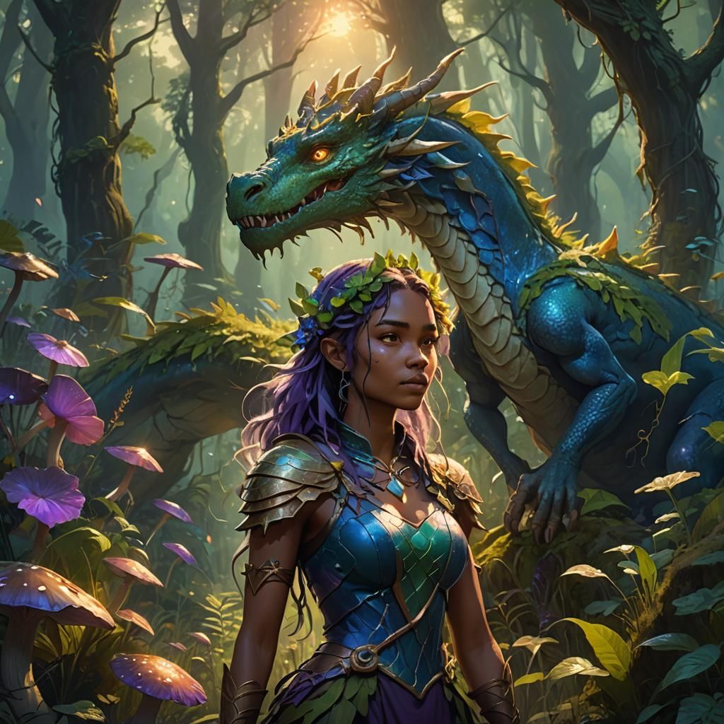 Earthy Dragon Girl in Forest, Fantasy Concept Art