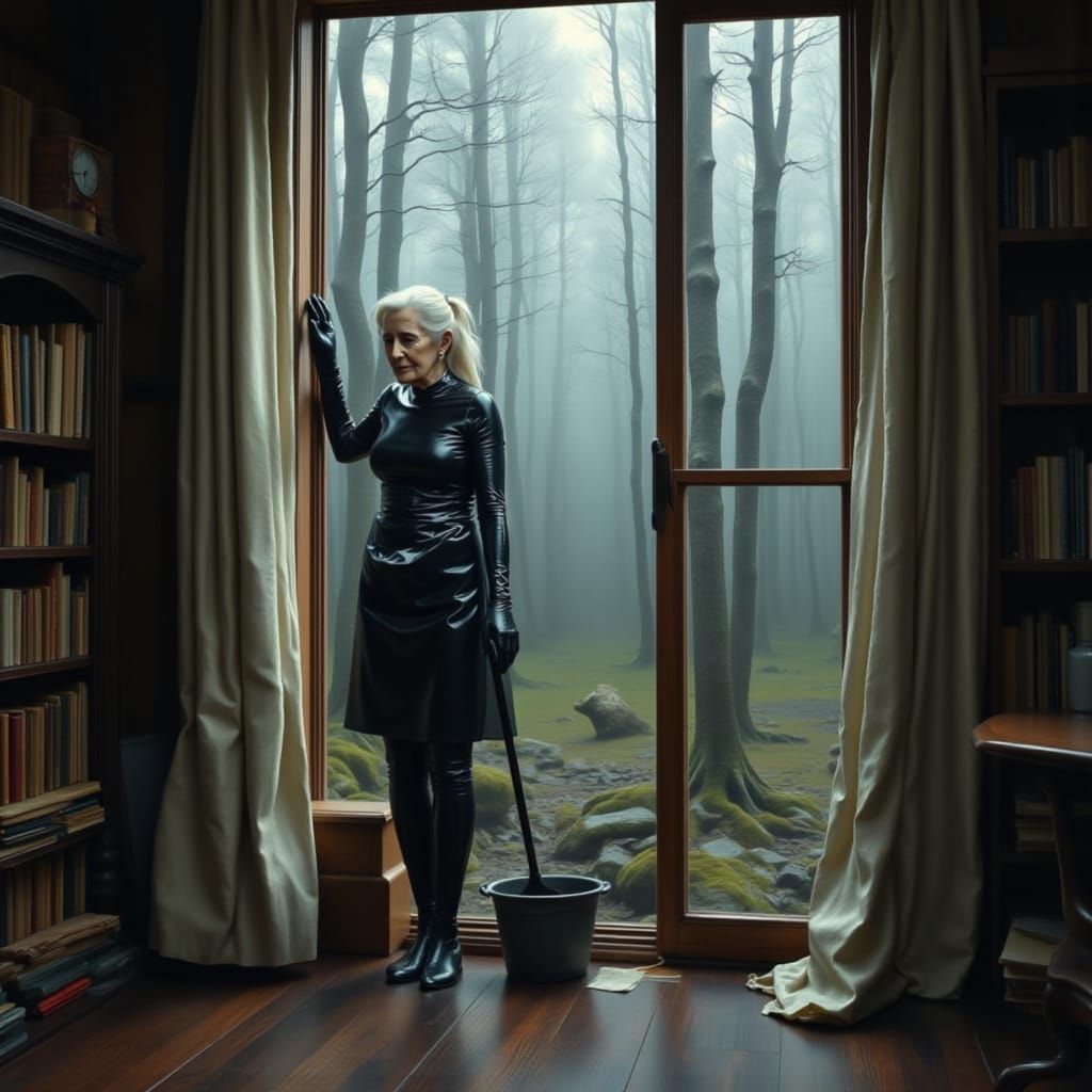 Elderly Woman in Glossy PVC Cleans Rustic Library Window