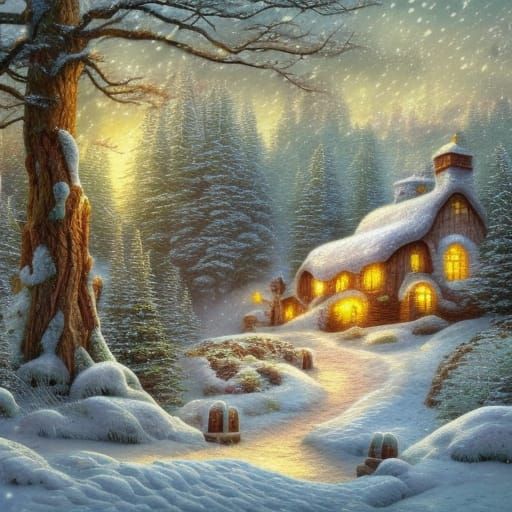 Fantasy Snow Forest House in Hyperreal 19th Century Style