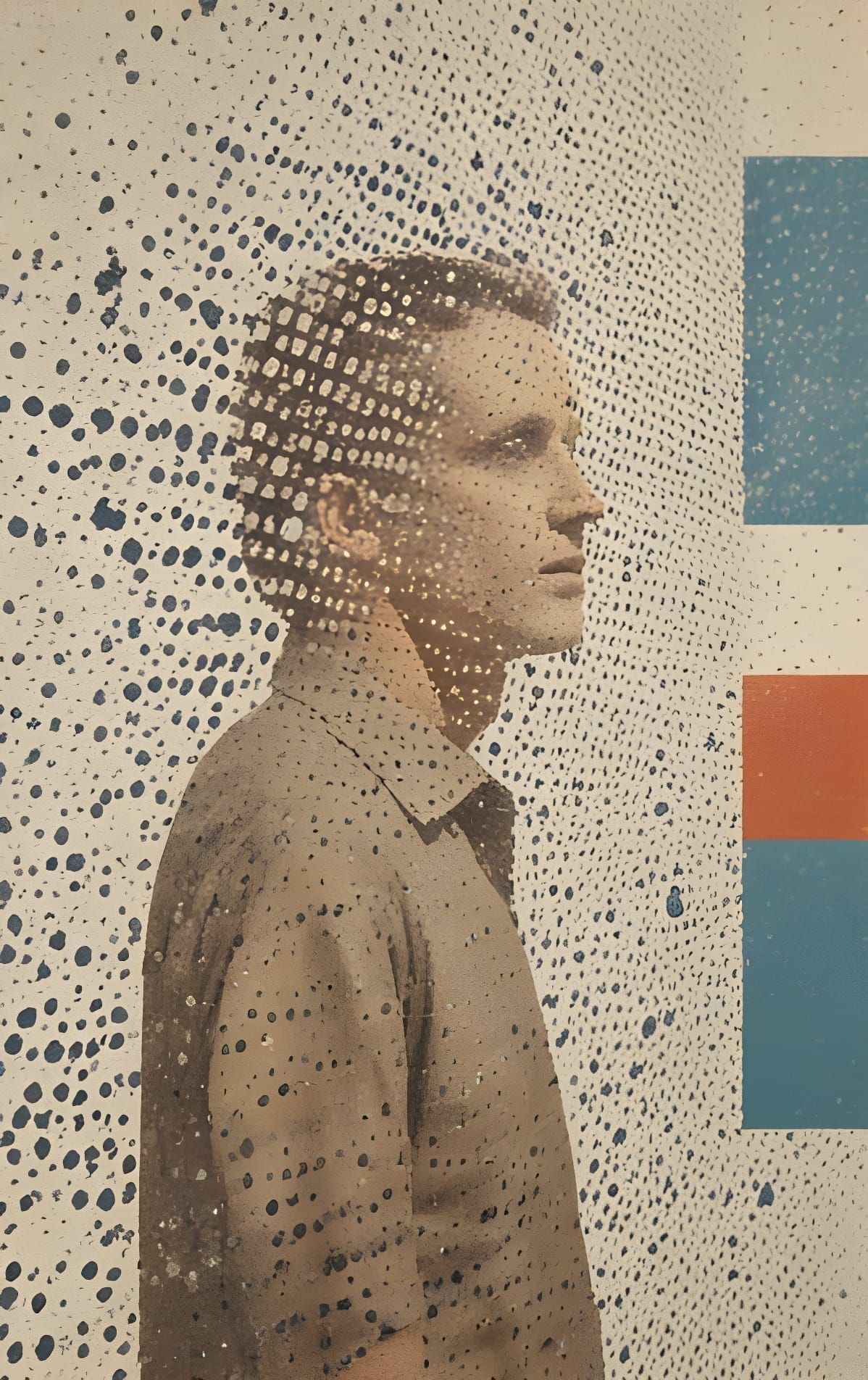 Double Exposure with Halftone Texture and Grid Overlay