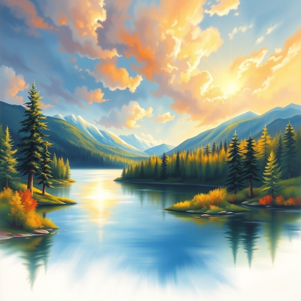 Tranquil Landscape with Happy Little Trees in Oil Painting S...