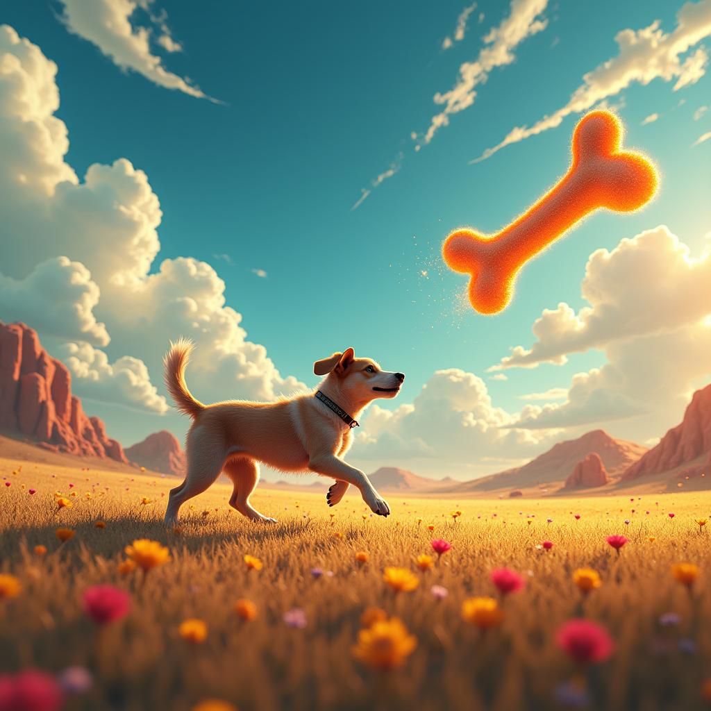Dog Chasing Bone in Dreamlike Baseball Field