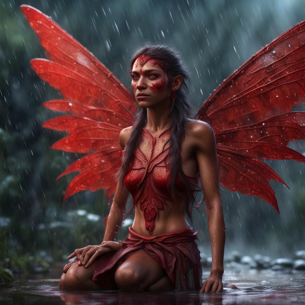 Hyperrealistic Amerindian Red Fairy in Rain