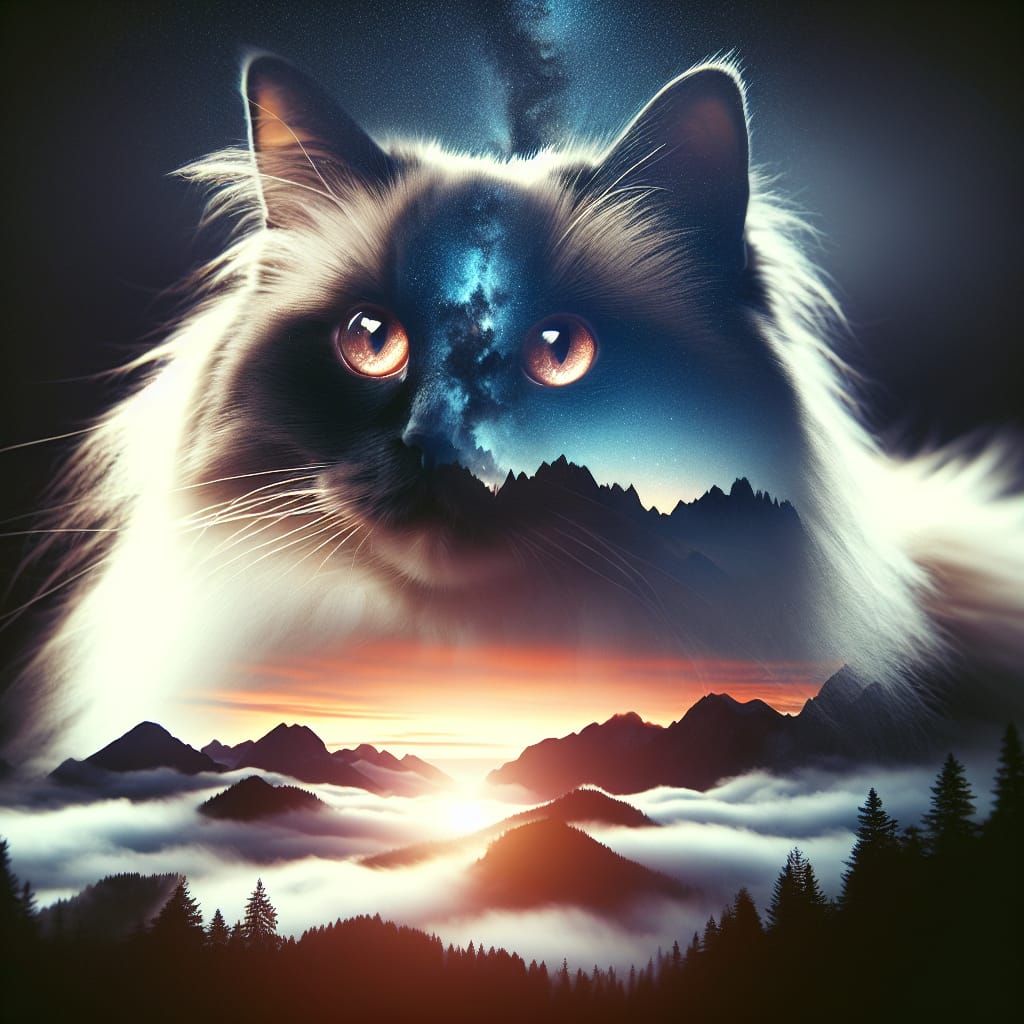 Double Exposure Cat Silhouette with Mountain Sunset