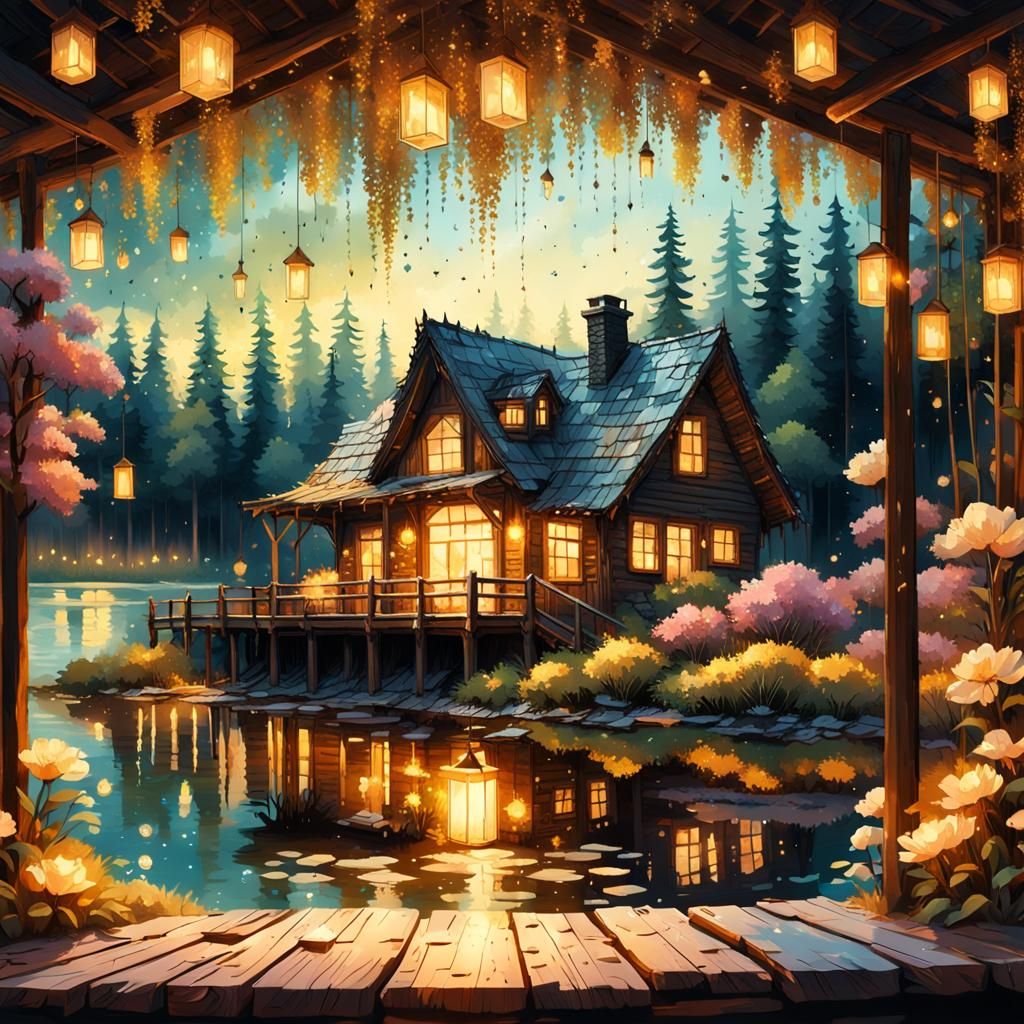 Rustic Lakeside House at Sunset in Alcohol Inks