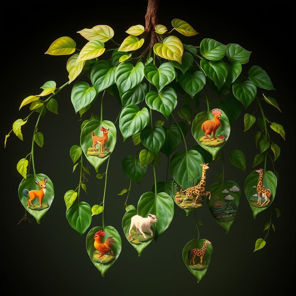 Whimsical Pothos Landscape with Detailed Animal Illustration...