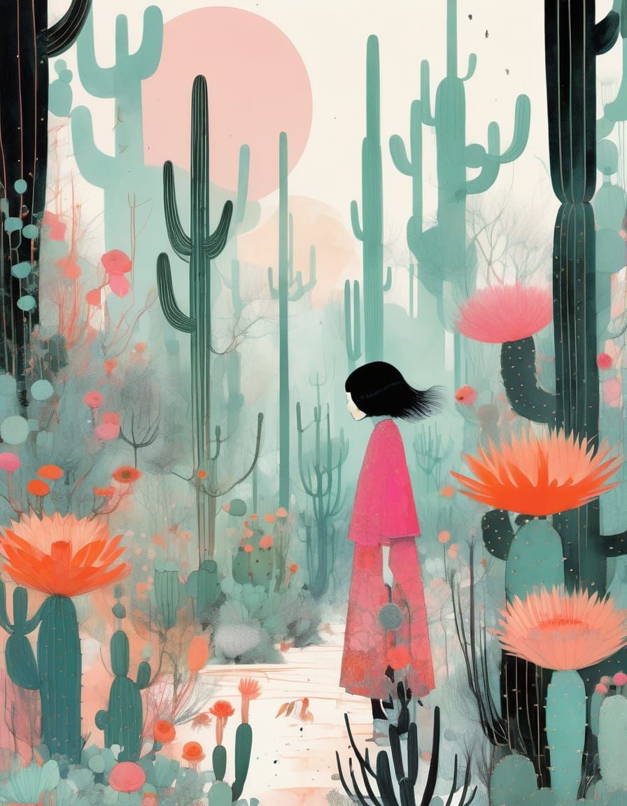 Blooming Cacti Forest in Desert Landscape