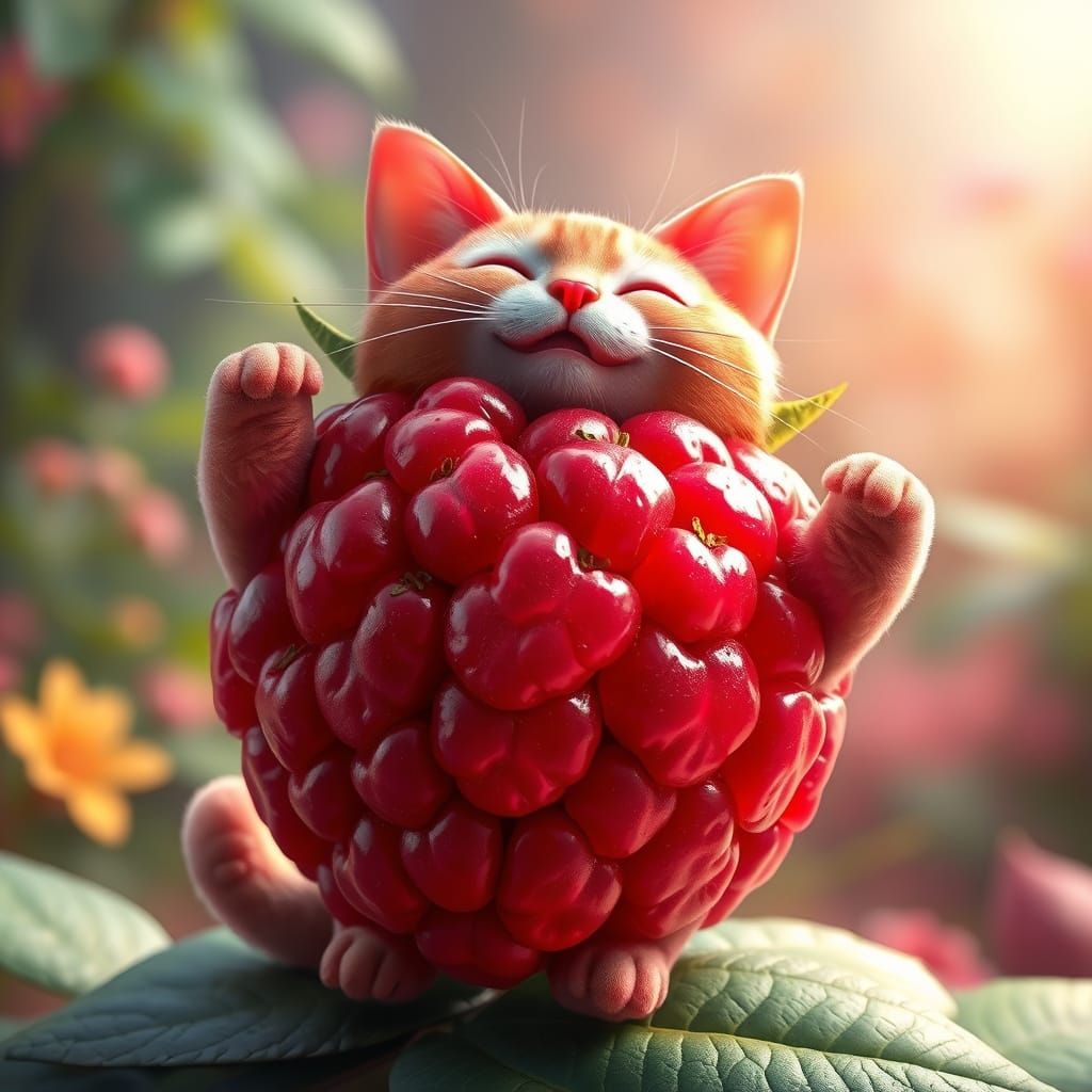 Vibrant Hyperreal Cat Made of Giant Raspberry
