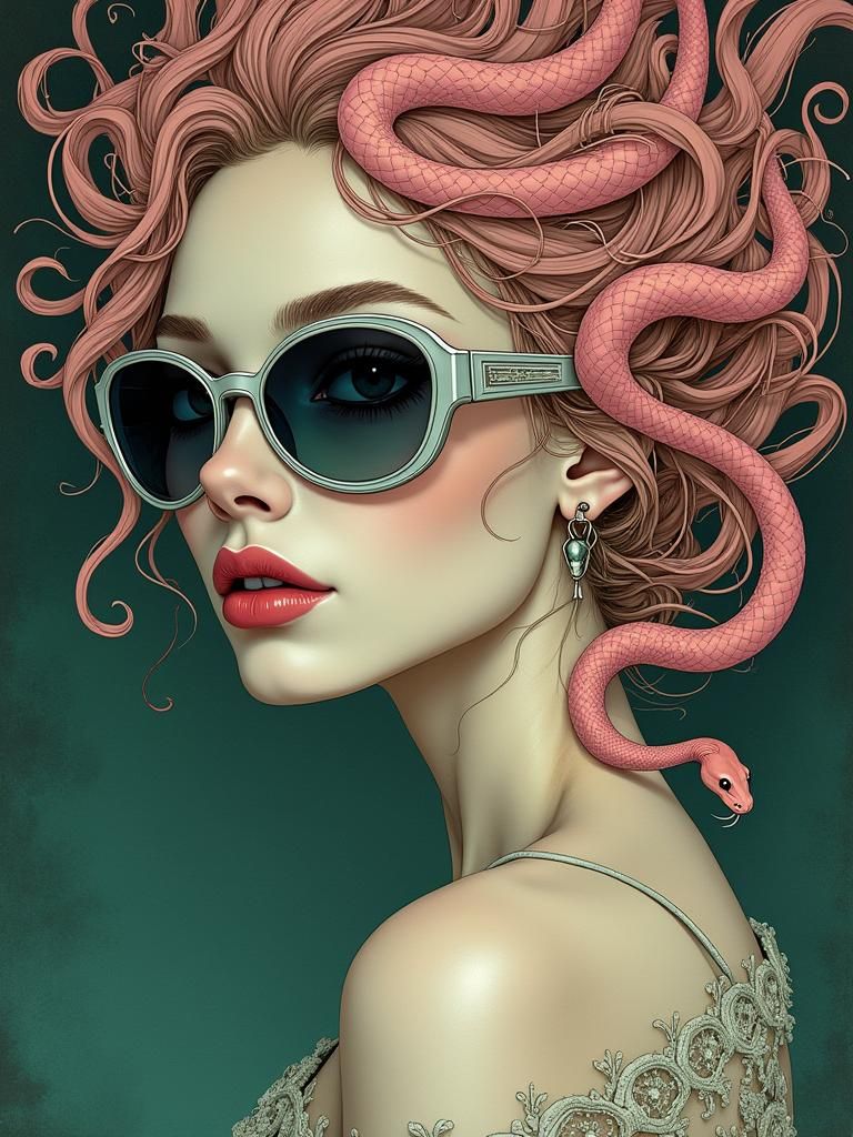 Medusa with Sunglasses in Art Nouveau Style
