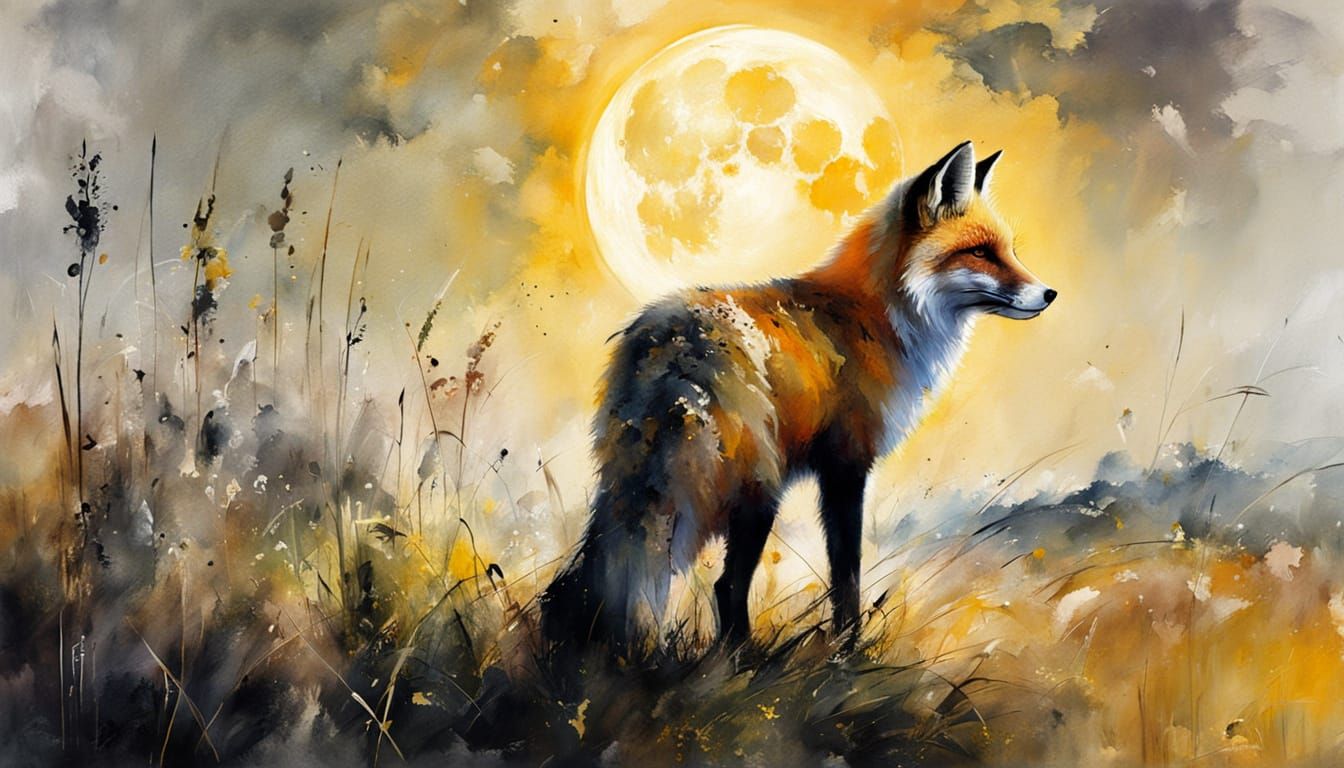 Moody Moonlit Fox in Grain Field Painting