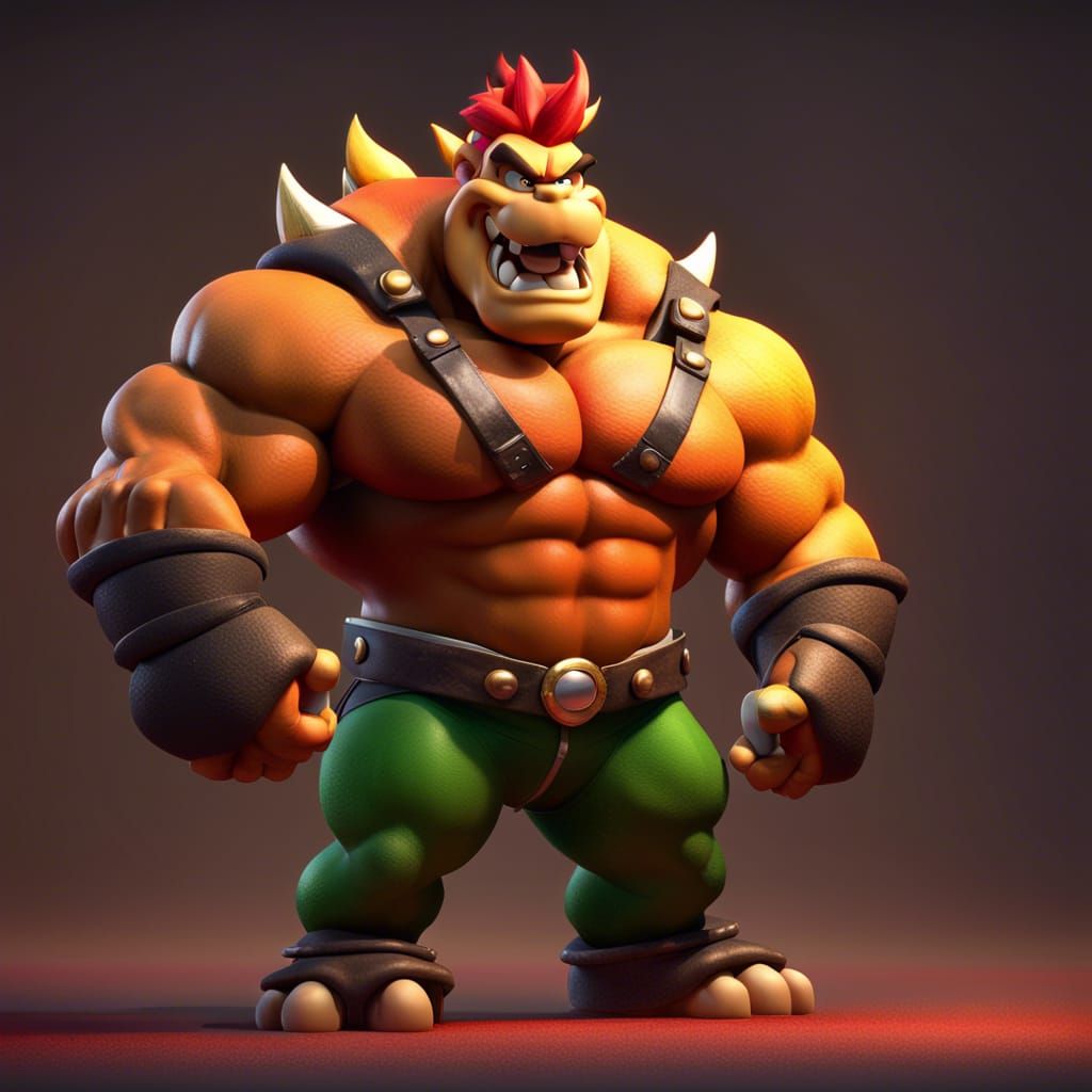 Bowser as Muscular Bodybuilder: 3D Digital Art