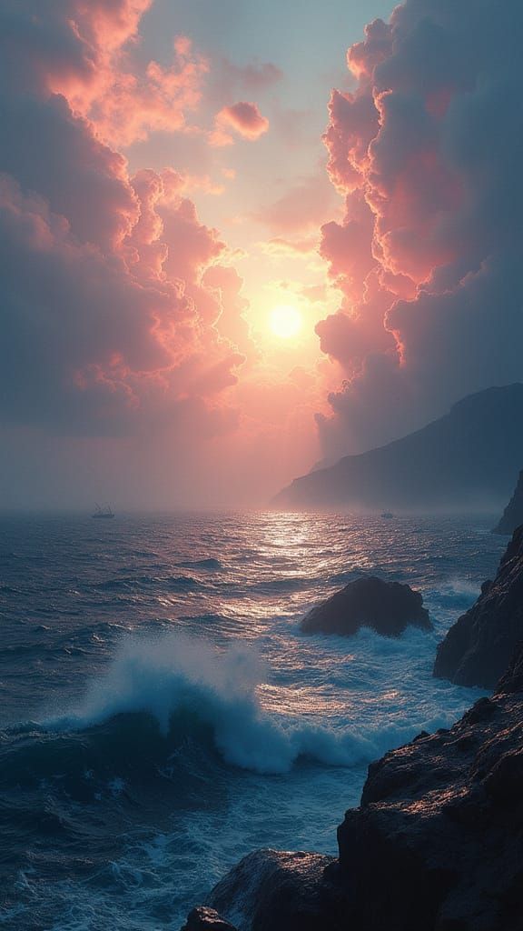 Dual Ocean: Serene Sunset Meets Stormy Chaos