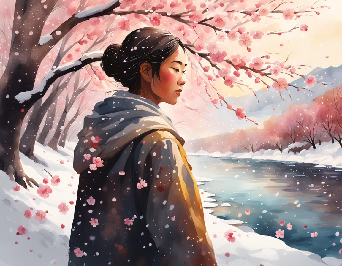 Winter River with Cherry Blossoms: Watercolour Concept Art
