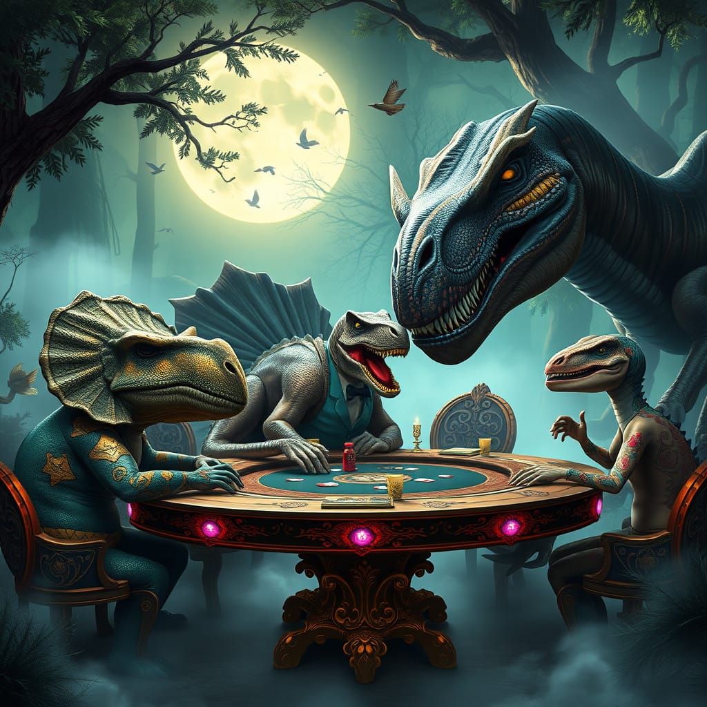 Prehistoric Poker Night in Mystical Forest