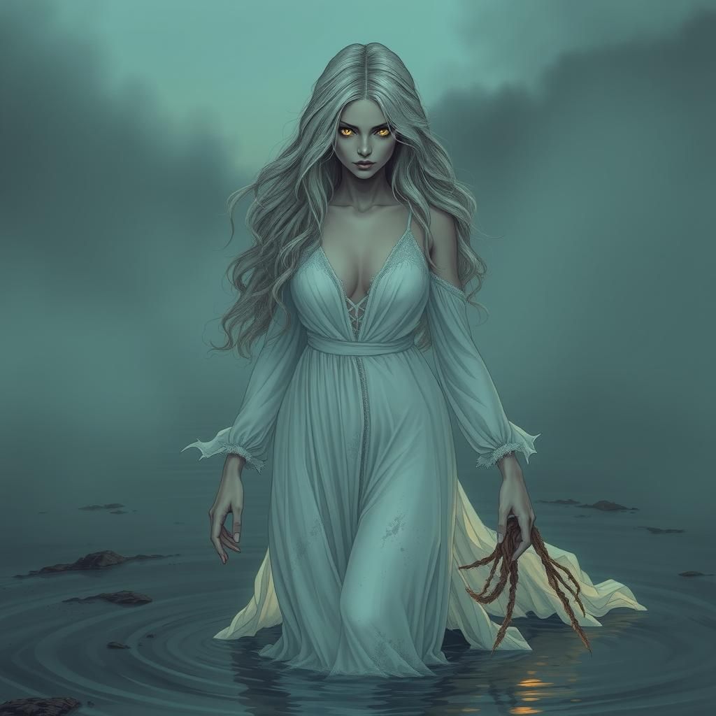 Ethereal Female Ghost Wandering in Misty Waters