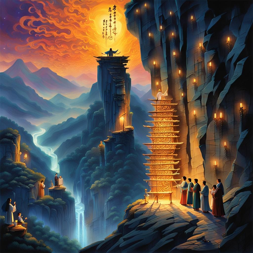 Magicians Perform Calligraphy on Cliffside at Night