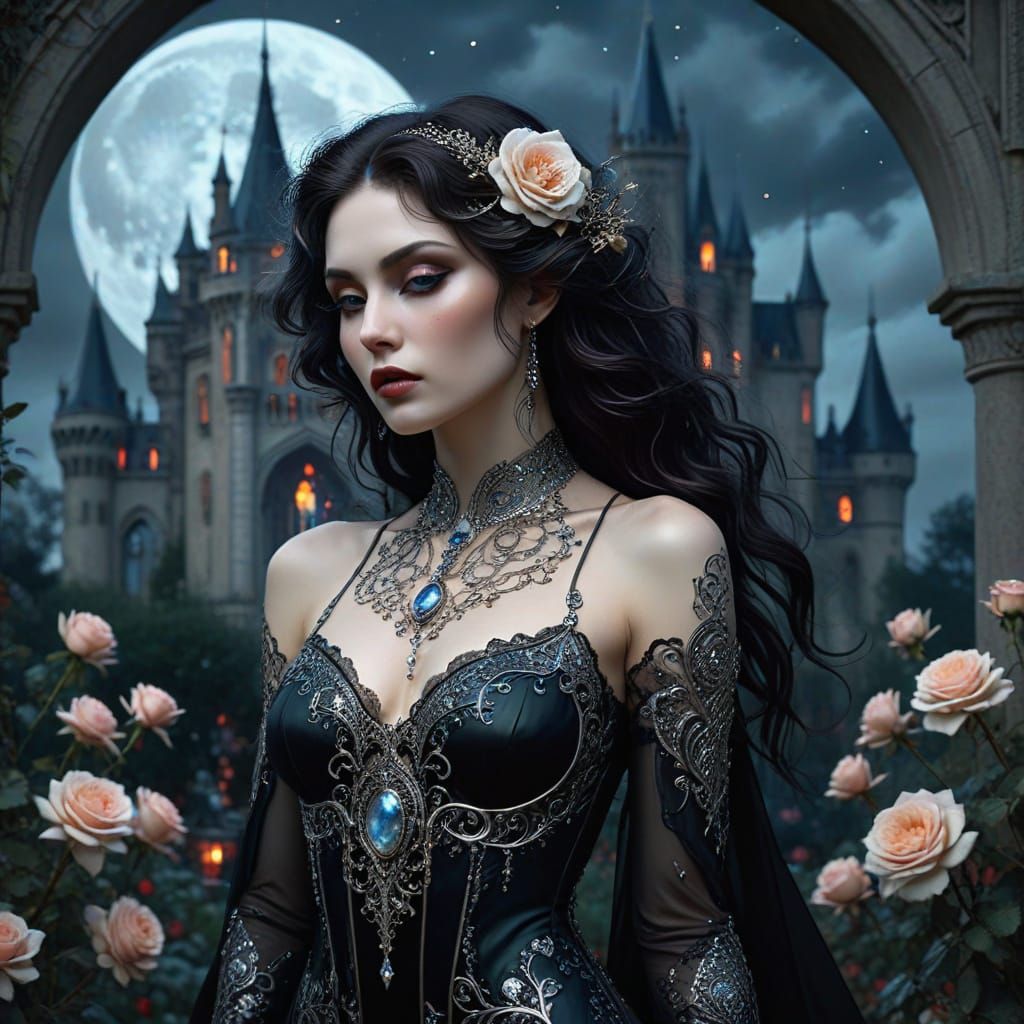Mystical Vampire in Moonlit Rose Garden