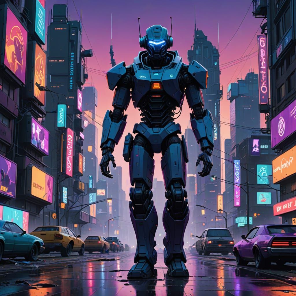 Glowing Robot in a Cyberpunk Glitch Art World