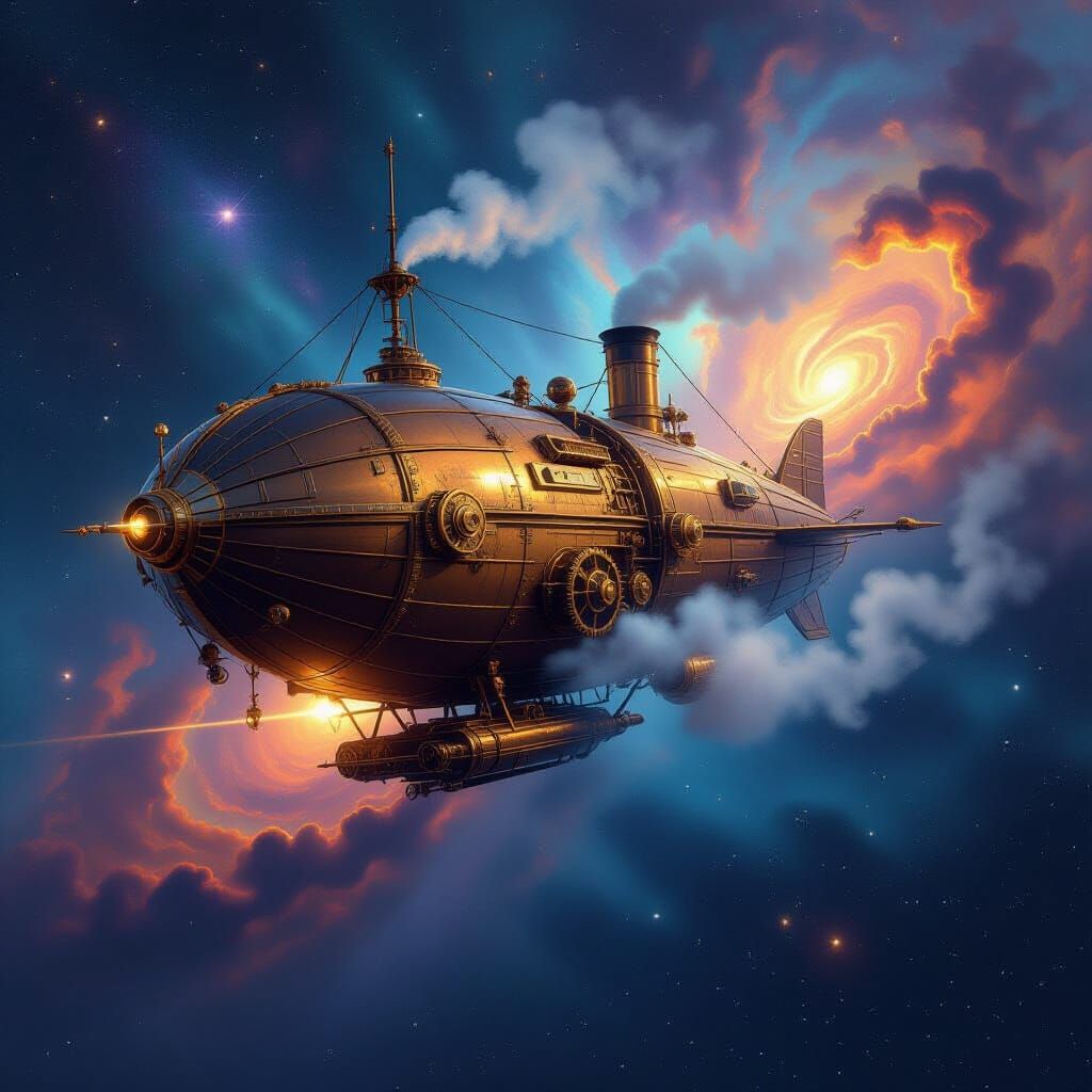 Steampunk Airship in Vibrant Nebula, Hyper-Realistic Style