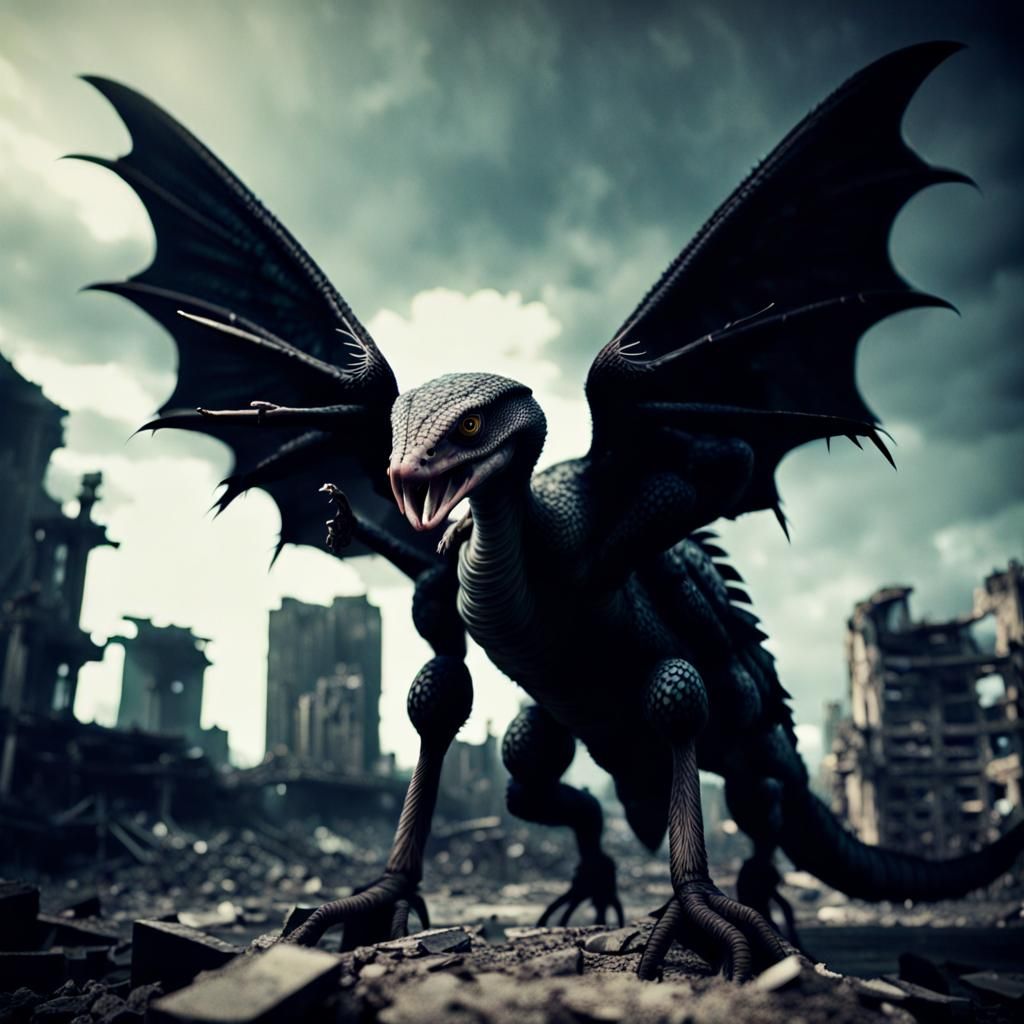 Dystopian Viperine Creature in City Ruins