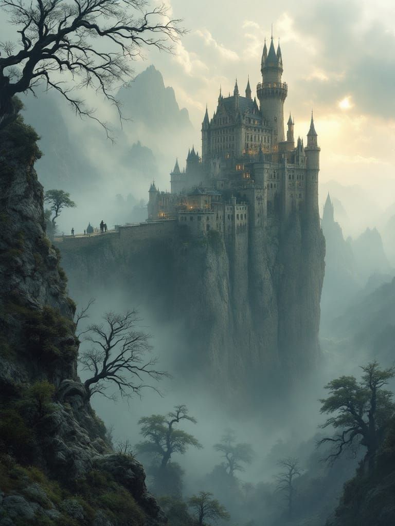 Majestic Castle on Misty Cliff Edge