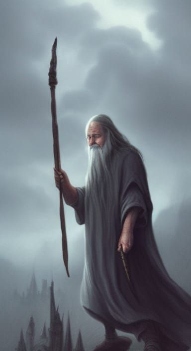 Grey Wizard with Staff in Atmospheric Fantasy Art