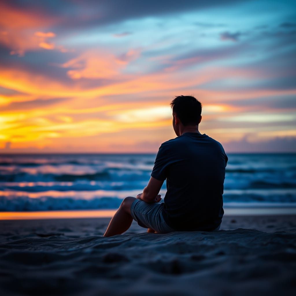 Serene Sunset Beach Scene with Lone Figure in Golden Light