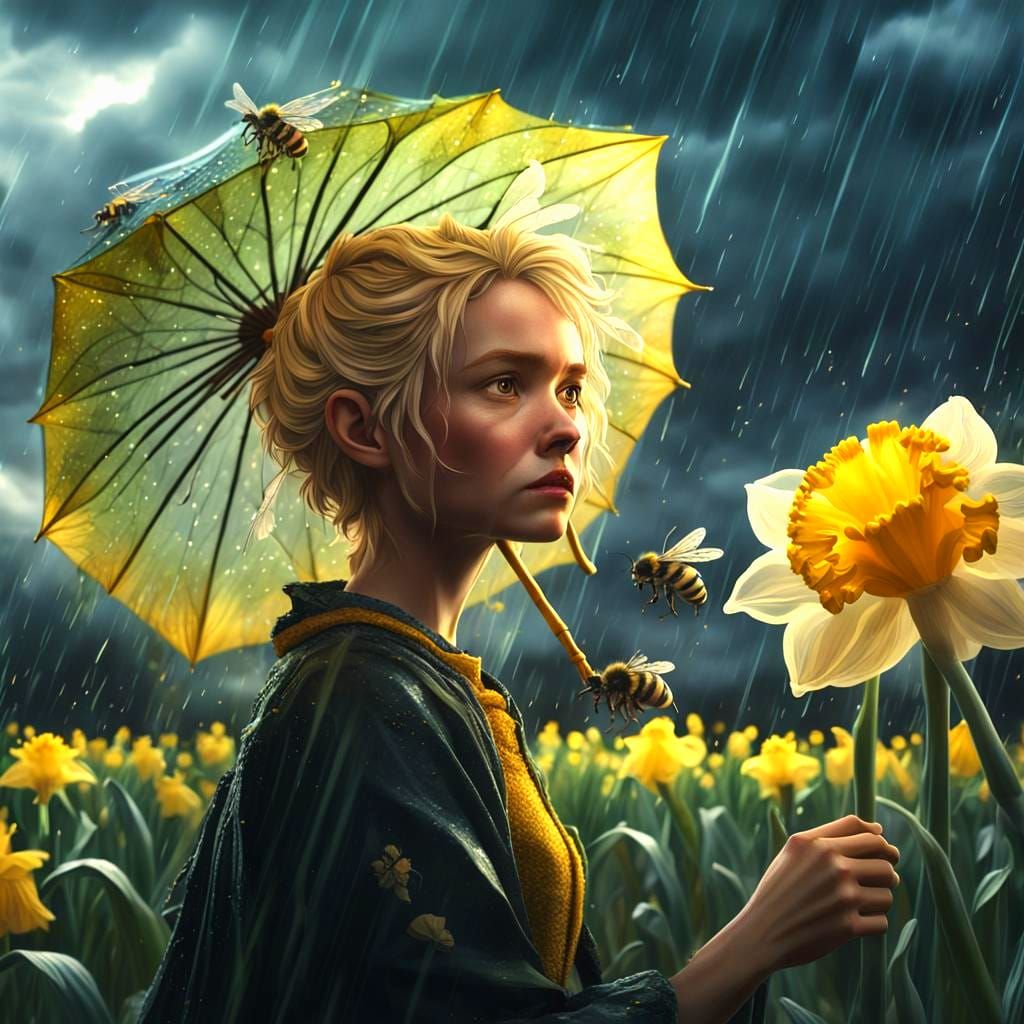 Fairy Riding Bumblebee in Daffodil Garden