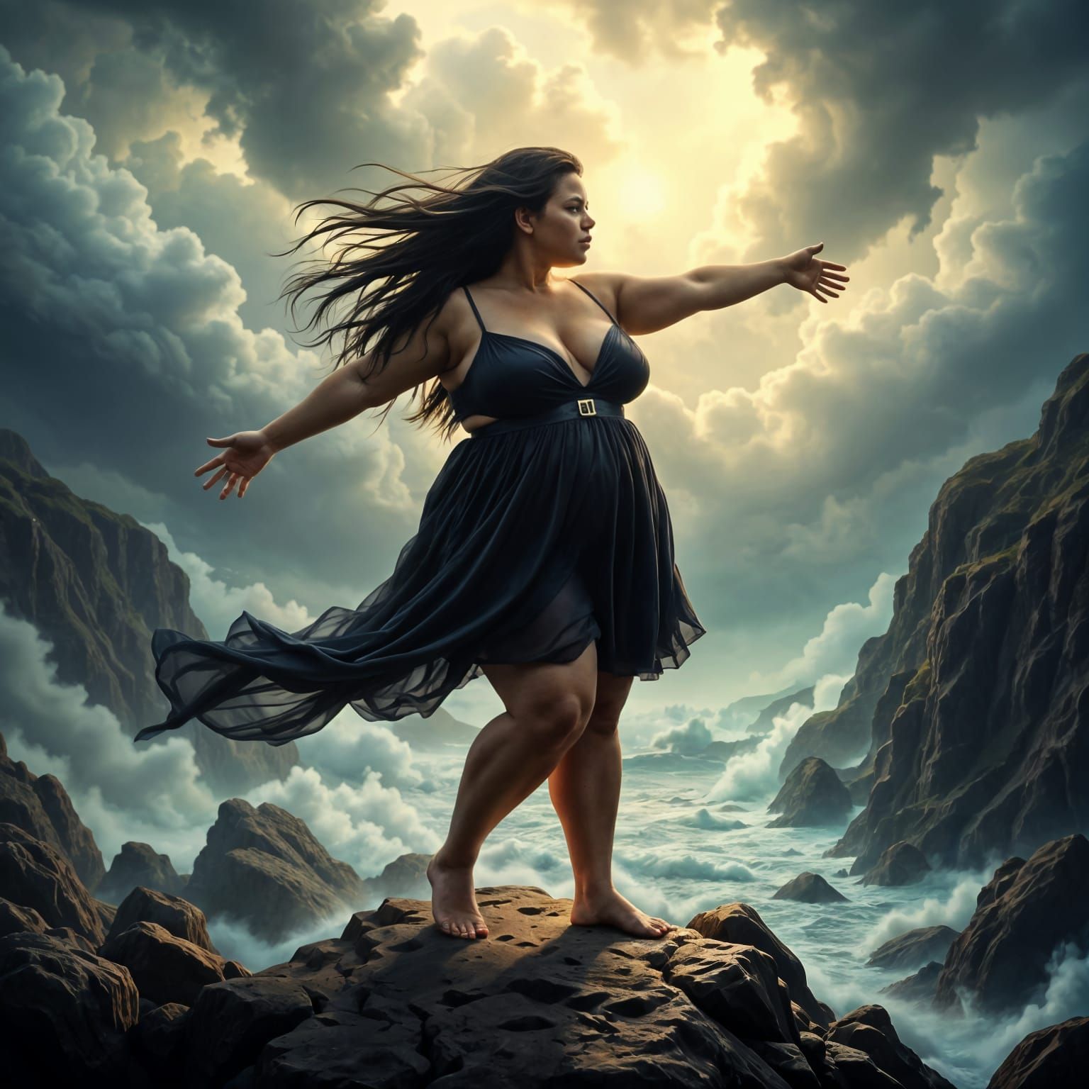 Hyperrealistic Storm Goddess in a Black Sundress